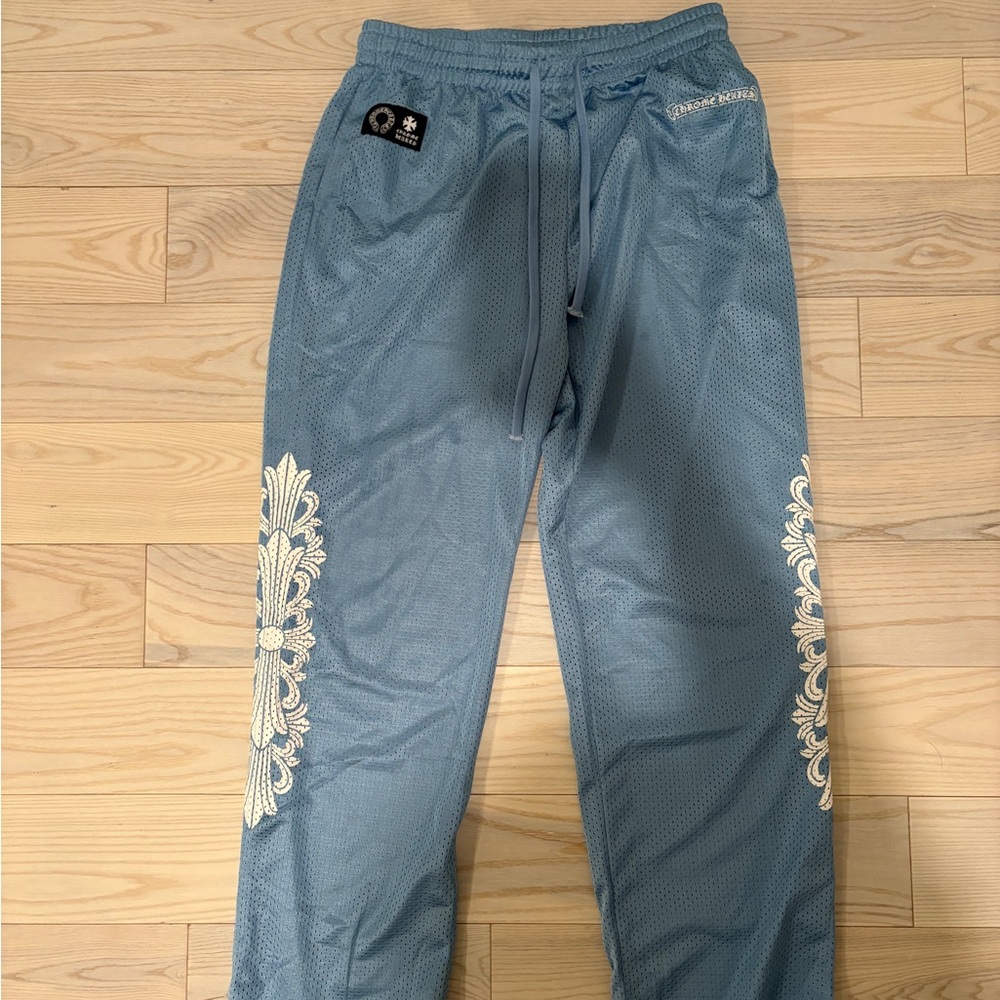 Chrome Hearts Blue Track Pants with Cream Embroidery